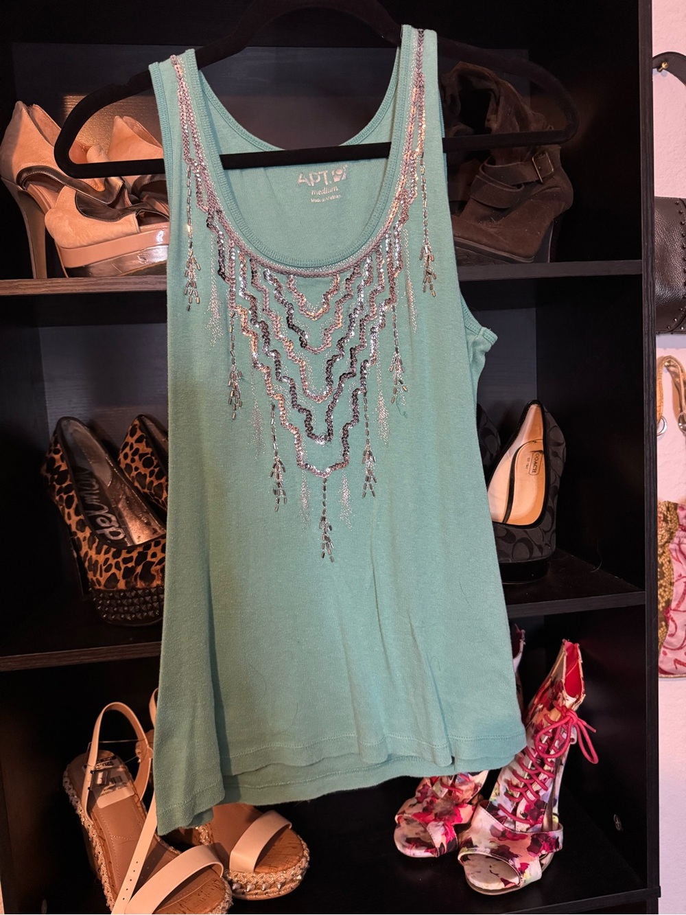 Apt. 9 Women's Mint Green Tank Top with Silver Beaded Neckline